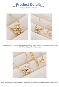 Macro detail of S925 silver flower necklace with green zircon stone and gold finish