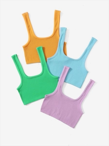 Débardeurs crop top sans couture en maille côtelée orange, bleu, vert et violet