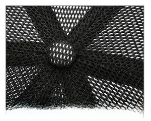Macro shot of breathable mesh fabric and durable top stitching on a black baseball cap