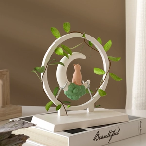 Cat on crescent moon bubble cloud resin mold desktop ornament with green vine accents
