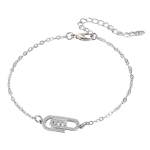 Detailed view of silver paperclip charm necklace with shimmering cubic zirconia accents