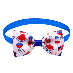 Close-up of Independence Day dog bowtie with patriotic red, white and blue patterns