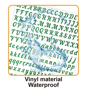 Waterproof green glitter vinyl alphabet stickers tested with splashing water droplets