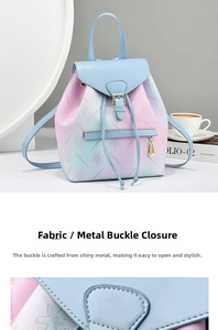 Detail of metal buckle closure on floral gradient leather backpack for women