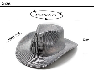 Detail of striped cowboy hat showing 57-58cm circumference and 8cm brim size measurements