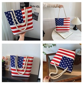 Detail shots of large canvas tote bag with US flag print and thick rope handles