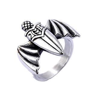 Gothic bat wings and sword stainless steel ring with vintage oxidized finish