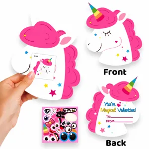 Unicorn themed Valentine's Day DIY greeting card set with rainbow horn and stickers
