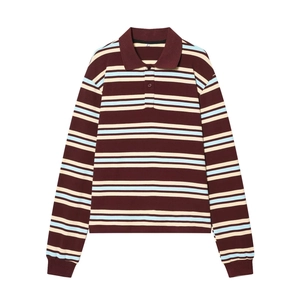 Women Color Block Striped Polo Shirt Long Sleeve Knitted Polyester Casual Elegant Lapel Neck Button Top Fashion