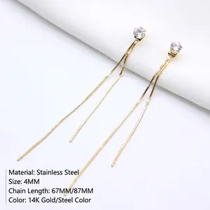 Minimalist stainless steel long tassel chain earrings with 14K gold plating and cubic zirconia