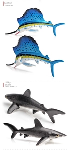 Detailed views of realistic Sailfish and Silky Shark ocean animal figurine models