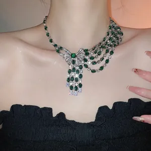 Emerald Green Zircon Multi Layer Tassel Necklace Bow Knot Design Vintage French Palace Style Copper Jewelry For Women