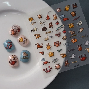 5D cartoon dog nail stickers TS-149 with cute puppy patterns on pastel nail tips