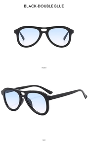 Front and side views of double-bridge pilot sunglasses with blue gradient lenses