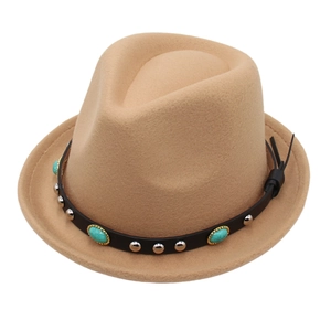 Vintage Fedora Hat Faux Wool Felt Western Turquoise Leather Belt Rivets Bohemian Jazz Retro For Men Women