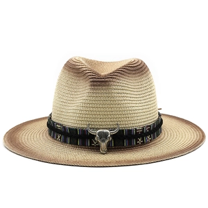 Western straw fedora sun hat with bull skull metal accessory and gradient wide brim