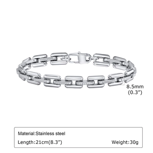 Detailed specs of 8.5mm wide stainless steel chain bracelet with 21cm length and 30g weight