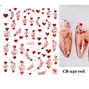 Detail of CB-230 3D nail stickers featuring red hearts and rose patterns on nails