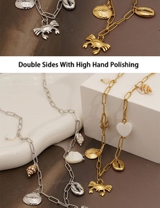 Detail of high hand polished gold and silver ocean necklaces with shell pendants