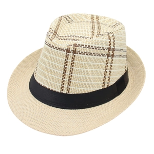Classic British Trilby straw hat with checkered pattern and black ribbon on white background