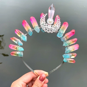 Handmade rainbow crystal crown headband with moon pearls and colorful quartz stones