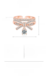 Detailed specs of the rose gold bow-knot ring with shimmering zircon stones