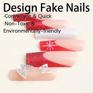 Christmas extra long coffin press on nails with red glitter, snowflake art and butterfly charms