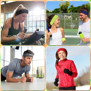 Elastic non-slip sports headband for fitness and yoga, shown in multiple colors and scenarios