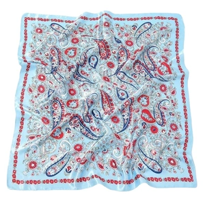 Light blue paisley 90x90cm square silk scarf with red floral patterns for women