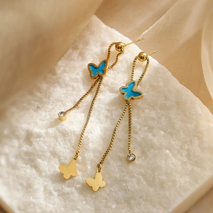 18K gold plated tassel earrings with blue enamel butterfly and zircon accents