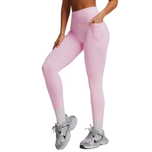 Light pink high-waisted yoga pants with side pockets and breathable athletic fabric