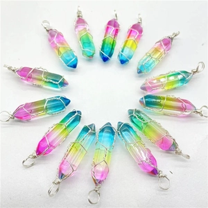 Twelve rainbow hexagonal crystal pendants with silver wire wrap for DIY jewelry necklaces