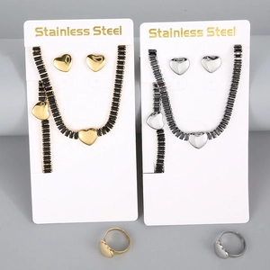 Collier Pendentif Cœur Bracelet Boucles D'oreilles Bague Acier Inoxydable Plaqué Or 18K Zircone Bijoux Pour Femmes