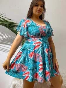 Women's V-neck tankini swimsuit with tropical leaf print and flowy ruffle sleeves