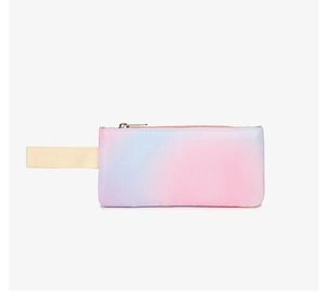 Matching gradient pink and blue canvas pencil case with zipper and woven carry strap