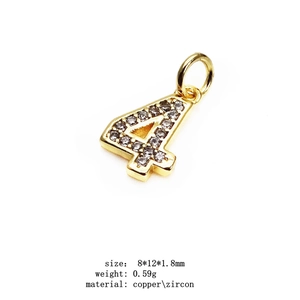 Detail of 14K gold plated number 4 charm with micro zircon inlays 8x12x1.8mm