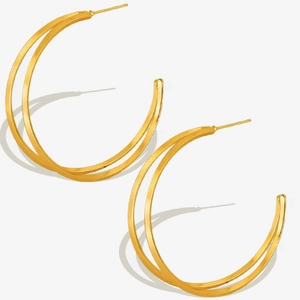 Modern double layered golden hoop earrings in 304 stainless steel with a minimalist design
