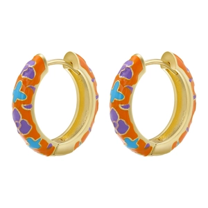 Detail of colorful enamel camellia flower earrings with gold-plated C-shaped design
