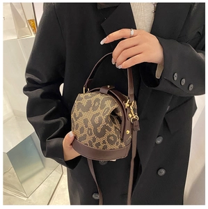 Detailed view of women's vintage leopard print handbag with brown leather trim and gold clasp