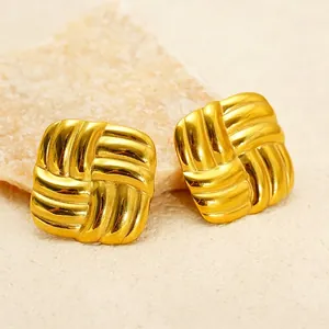Geometric Square Stud Earrings 18K Gold Plated 304 Stainless Steel Braided Texture Vintage Jewelry For Women