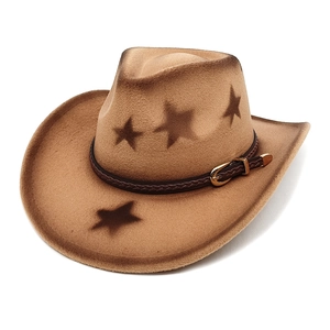 Brown western cowboy hat with star patterns and woven leather band on white background