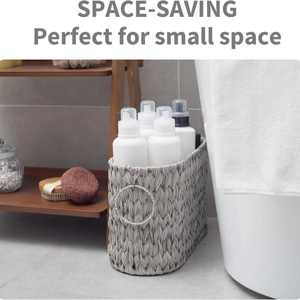 Space-saving grey woven storage basket for bathroom toiletries in narrow spaces