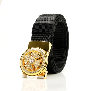 Men's black nylon canvas belt with golden rhinestone rotating automatic buckle