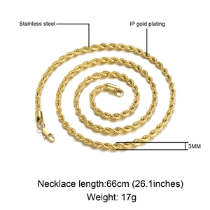 Detailed specs of 3mm gold stainless steel rope chain necklace with IP plating