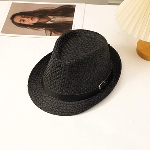 Men's black woven straw jazz fedora hat with metal buckle ribbon for outdoor sun protection