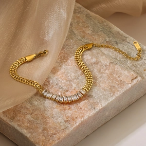 Elegant gold-plated stainless steel wheat chain bracelet with sparkling zircon stones