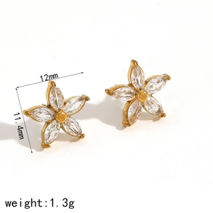 Gold flower stud earrings with zircon marquise petals measuring 12mm by 11.4mm