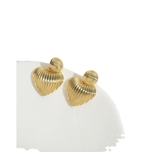 Minimalist gold heart earrings with vertical embossed stripes on white base