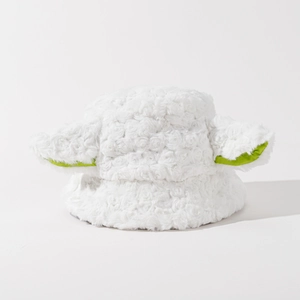 Detailed view of the soft white plush fabric and cute lamb ears on this winter bucket hat