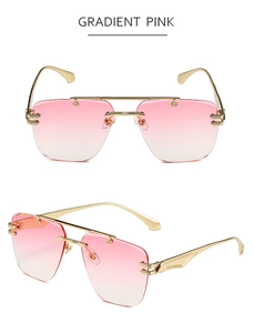 Detailed views of rimless pilot sunglasses with metal frame and gradient pink lenses